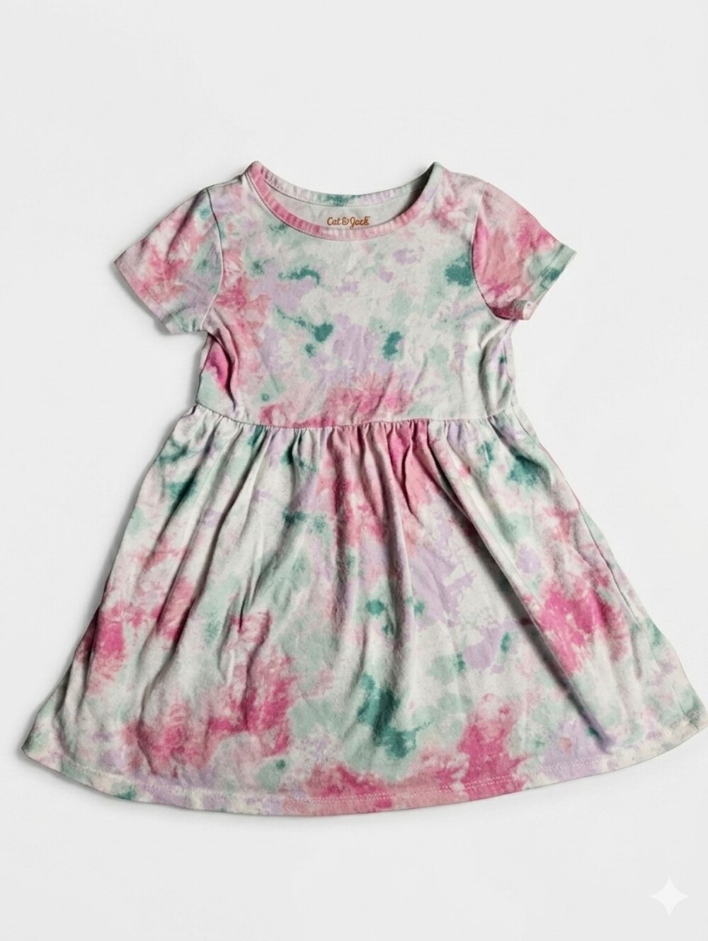 Cat & Jack Tie Dye Dress Girls 4T Pink Green Short Sleeve Toddler Casual Cute